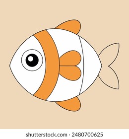 Un pez de dibujos animados con vientre blanco y cola naranja. El pez tiene un ojo grande y curioso y una boca Pequeña