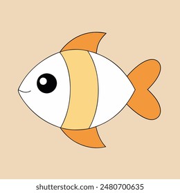 Un pez de dibujos animados con vientre blanco y cola naranja. El pez tiene un ojo grande y curioso y una boca Pequeña