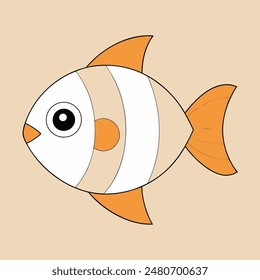 A cartoon fish with a white belly and orange tail. The fish has a big, curious eye and a small mouth