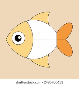 Un pez de dibujos animados con vientre blanco y cola naranja. El pez tiene un ojo grande y curioso y una boca Pequeña