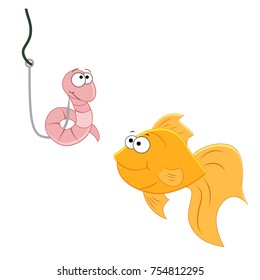 Cartoon fish and worm on a fishing hook.