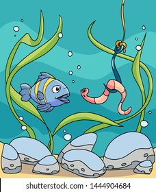 Cartoon fish and a worm on a hook. Color vector illustration.
