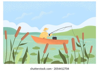 Cartoon fisher fishing on boat in lake. Landscape with blue sky and man catching fish flat vector illustration. Recreation, summer, nature, hobby concept for banner, website design or landing web page