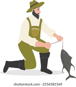 Cartoon Fisherman Character Illustration on White Background. Vector Clipart Design.