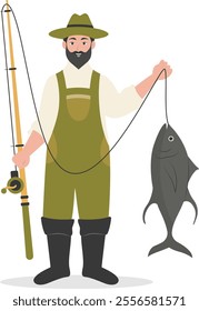 Cartoon Fisherman Character Illustration on White Background. Vector Clipart Design.