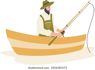 Cartoon Fisherman Character Illustration on White Background. Vector Clipart Design.