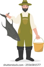 Cartoon Fisherman Character Illustration on White Background. Vector Clipart Design.