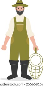 Cartoon Fisherman Character Illustration on White Background. Vector Clipart Design.