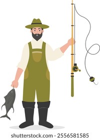 Cartoon Fisherman Character Illustration on White Background. Vector Clipart Design.