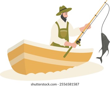 Cartoon Fisherman Character Illustration on White Background. Vector Clipart Design.