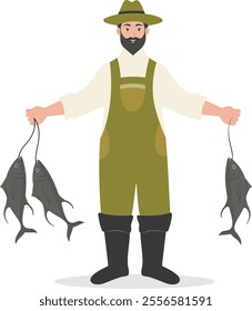 Cartoon Fisherman Character Illustration on White Background. Vector Clipart Design.