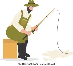 Cartoon Fisherman Character Illustration on White Background. Vector Clipart Design.