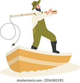 Cartoon Fisherman Character Illustration on White Background. Vector Clipart Design.