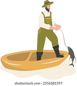 Cartoon Fisherman Character Illustration on White Background. Vector Clipart Design.