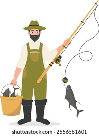 Cartoon Fisherman Character Illustration on White Background. Vector Clipart Design.