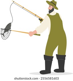 Cartoon Fisherman Character Illustration on White Background. Vector Clipart Design.