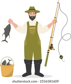 Cartoon Fisherman Character Illustration on White Background. Vector Clipart Design.