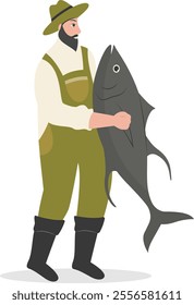 Cartoon Fisherman Character Illustration on White Background. Vector Clipart Design.