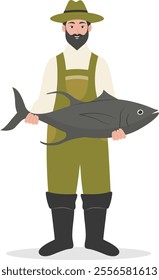 Cartoon Fisherman Character Illustration on White Background. Vector Clipart Design.