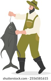 Cartoon Fisherman Character Illustration on White Background. Vector Clipart Design.