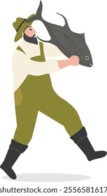 Cartoon Fisherman Character Illustration on White Background. Vector Clipart Design.