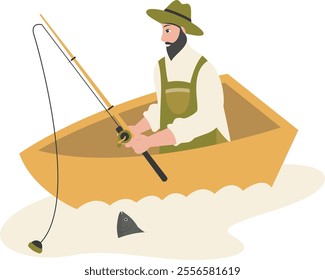 Cartoon Fisherman Character Illustration on White Background. Vector Clipart Design.