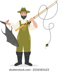 Cartoon Fisherman Character Illustration on White Background. Vector Clipart Design.