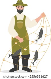 Cartoon Fisherman Character Illustration on White Background. Vector Clipart Design.