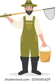 Cartoon Fisherman Character Illustration on White Background. Vector Clipart Design.