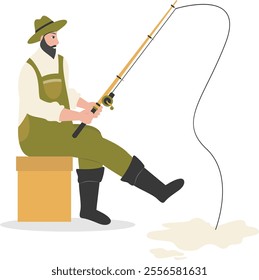 Cartoon Fisherman Character Illustration on White Background. Vector Clipart Design.