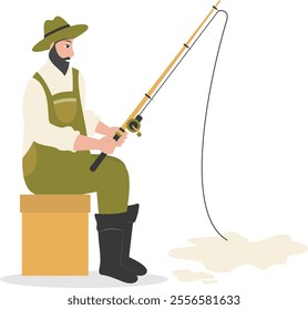 Cartoon Fisherman Character Illustration on White Background. Vector Clipart Design.