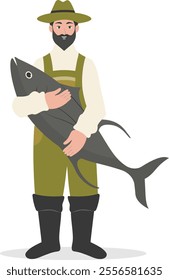 Cartoon Fisherman Character Illustration on White Background. Vector Clipart Design.