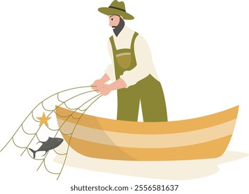 Cartoon Fisherman Character Illustration on White Background. Vector Clipart Design.