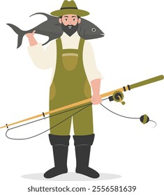 Cartoon Fisherman Character Illustration on White Background. Vector Clipart Design.