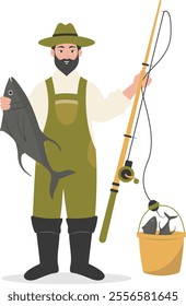 Cartoon Fisherman Character Illustration on White Background. Vector Clipart Design.