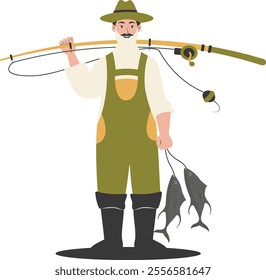 Cartoon Fisherman Character Illustration on White Background. Vector Clipart Design.