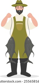 Cartoon Fisherman Character Illustration on White Background. Vector Clipart Design.