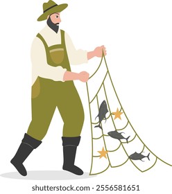 Cartoon Fisherman Character Illustration on White Background. Vector Clipart Design.