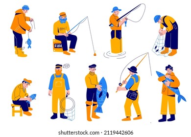 Cartoon fisherman. Different cartoon men characters with big fish, people with fishing rods and nets, special hunting clothes, wading boots, outdoor hobbies, vector isolated set