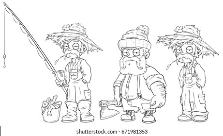 Cartoon fisherman farmer lumberjack black and white character vector set for coloring