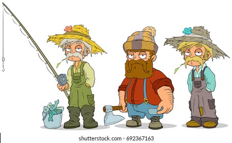 Cartoon Fisherman Farmer Lumberjack Characters With Fishing Rod And Axe Vector Characters Set