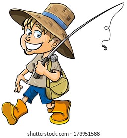 Cartoon fisherman with a fishing rod. Isolated