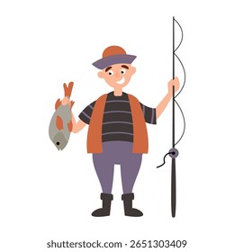Cartoon Fisherman Holding Fish Illustration. Fundo branco, isolar

