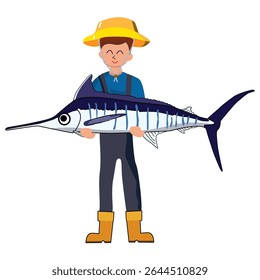 Cartoon Fisherman segurando uma ilustração Marlin