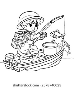  Cartoon fisherman line art for kids. Vector illustration. Coloring book