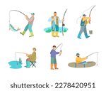 Cartoon fisherman. Man in boat holding rod. Fisher catching fish, set of vector characters