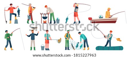 Cartoon fisherman. Men in boats holding net or spinning. Fisher with fish, fishing accessory, hobby angling vacation vector characters. Hobby leisure activity illustration Foto stock © 