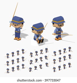 Cartoon fisherman minifigure. 3D lowpoly isometric vector illustration. The set of objects isolated against the white background and shown from different sides