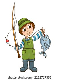 Cartoon fisherman with rod and fish