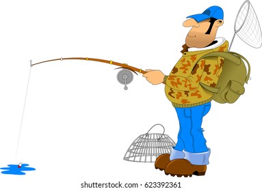 Cartoon fisherman with rod and fish illustration, vector
